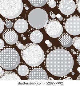 Seamless pattern in memphis studio style with circles. 80s style geometric pattern. Grey seamless geometrical pattern. Vector illustration for your graphic design.