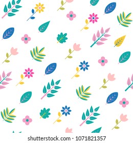Patrón impecable en el estilo Memphis de 80-90. Fondo vectorial con hojas y flores coloridas aisladas en fondo blanco