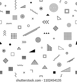 Seamless pattern with memphis style. Abstract geometric background with different geometrical shapes triangles, circles, arrows. Vector trendy design. Wallpaper, cloth design, fabric, paper, textile.