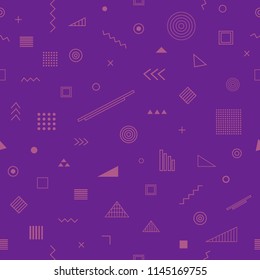 Seamless pattern with memphis style. Abstract geometric background with different geometrical shapes triangles, circles, arrows. Vector trendy design. Wallpaper, cloth design, fabric, paper, textile.