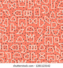 Seamless pattern, Memphis style, abstract, geometrical figures, coral, hand  drawn, vector illustration