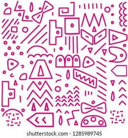Seamless pattern, Memphis style, abstract graphic elements, doodle,  white background, vector illustration