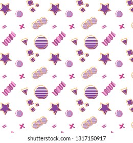 Seamless pattern in memphis style with abstract objects on white background