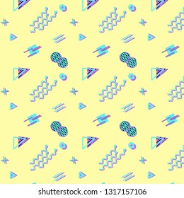 Seamless pattern in memphis style with abstract elements on yellow background