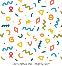 Nahtloses Muster im Memphis-Stil mit bunten geometrischen Designs auf weißem Hintergrund. Abstrakter Vektorhintergrund. Für Gewebe, Babyprodukte, Verpackungspapier, Poster, digitales, kreatives Branding