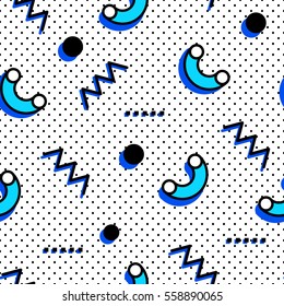 Seamless pattern in Memphis style with colorful geometric elements