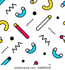 Seamless pattern in Memphis style with colorful geometric elements