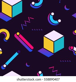 Seamless pattern in Memphis style with colorful geometric elements