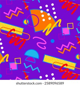 A Seamless Pattern in Memphis Style, Composed of Various Geometric Shapes.