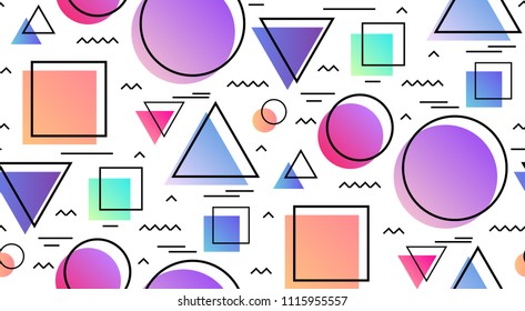 Seamless pattern in the memphis style with geometric shapes on a white background. Vector texture for your creativity