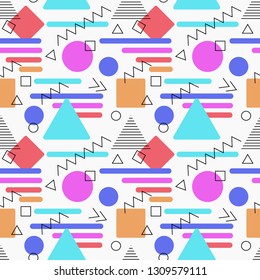 Seamless pattern in Memphis style of geometric shapes and signs on a white background for decoration, packaging, fabric. Vector image