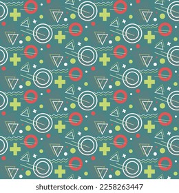 Patrón sin foco en el estilo memphis. Formas geométricas - círculos y líneas, ondas y triángulos. Diseño moderno y luminoso. Vector sobre fondo verde. Para embalajes, textiles, niños