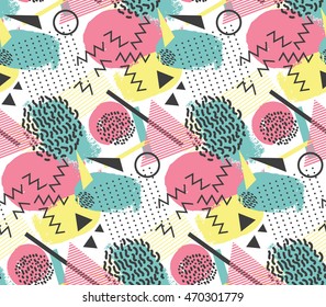 Seamless pattern in memphis style with geometric design elements, triangles and circles. For texture of fabric. Vector endless background