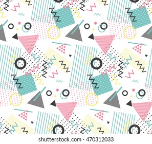 Seamless pattern in memphis style with geometric design elements, triangles and circles. For texture of fabric. Vector endless background.
