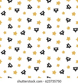 Seamless pattern in memphis style, with geometric elements star and triangle, on a white background. It can be used for packaging, wrapping paper, textile and etc.