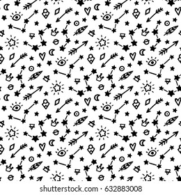 Seamless pattern, in memphis style, with magic symbols, on a white background. It can be used for packaging, wrapping paper, textile and etc.