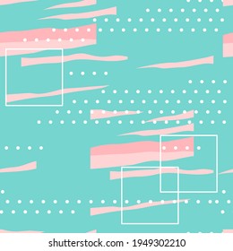 Seamless pattern in memphis style. Pastel colors in aesthetic style. Decorative print in green and blue. Sunset colors. Vector illustration.