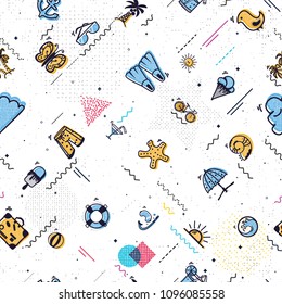 Seamless pattern memphis style, summer isolated color vector icons.