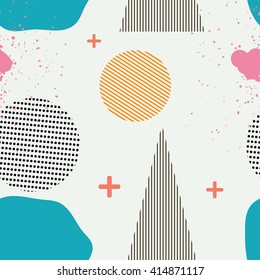 Seamless pattern in the Memphis style. Memphis Seamless texture with triangles, circles and 
pluses. Memphis style. Vector Stock Illustration