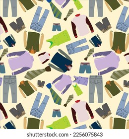 Seamless pattern of men cloths fashion, colorful short pant ,vest, under shirt, jeans pant, sweatshirt, shirt, tie on cornsilk background. textile design, wallpaper, advertisement. Men cloth fashion.