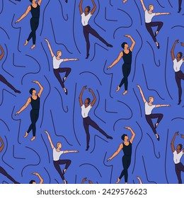 Seamless pattern with men dancing ballet on blue background. Artistic concept. Flat hand drawn male silhouettes. Trendy print design for textile, wallpaper, wrapping