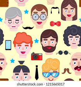 Seamless pattern with men faces and accessories. Vector illustration