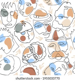 Seamless Pattern with Men Faces One Line and color shapes. Abstract Minimalist Art sketch vector illustration