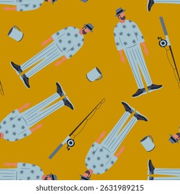 seamless pattern of men fishing with rods and mugs on yellow background flat abstract simple illustration