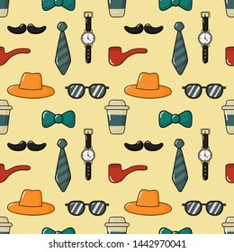 seamless pattern men items icons. happy fathers day concept. cartoon style. isolated on cream background. vector illustration.