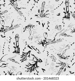 Seamless pattern with men, kids, trees.