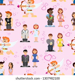 seamless pattern with men in love couples on a date and cupid tough work beautiful