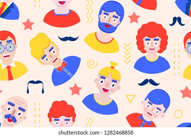 Seamless pattern with men on pastel background.