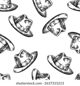 Seamless pattern with men s hats. Handmade vector illustration. Black and white image. For textiles, printing, wrapping paper, packaging and more.