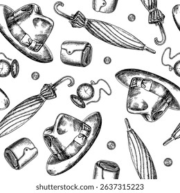 Seamless pattern with a men s theme. A man s hat, pocket watch, purse, umbrella-cane. Hand-drawn vector illustration. Black and white image. For textiles, printing, wrapping paper, packaging and more.