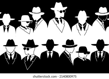 Seamless pattern with Men standing with suits and hats. Diversity. Fashion show. Men's Clothing Store. Sketch vector illustration