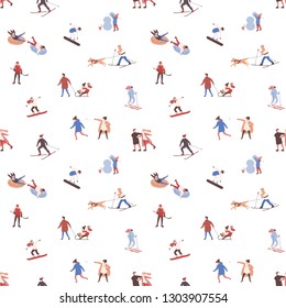 Seamless pattern with men, women and children performing winter outdoor activities. Backdrop with people skiing, snowboarding, ice skating, playing hockey, building snowman. Flat vector illustration.