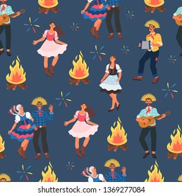 Seamless pattern with men and women in farmer dresses and straw hats celebrating Festa Junina that can be used for wrapping, fabric, textile design, wallpaper and other decor.