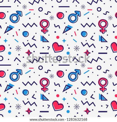 Seamless pattern with men and women gender symbols, hearts and geometric shapes in Memphis style. Trendy vector background in white, pink and blue colors. Valentine's Day, sex or romantic date themes.