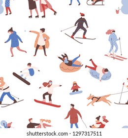 Seamless pattern with men, women and kids performing winter activities.Backdrop with people dressed in outerwear skiing, ice skating, snowboarding, playing hockey. Seasonal flat vector illustration.