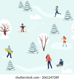 Seamless pattern with men, women and kids performing winter activities. Backdrop with people dressed in outerwear sledding, skiing, snowboarding, skating. Seasonal flat vector illustration.