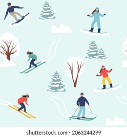 Seamless pattern with men, women performing winter activities. Backdrop with people dressed in outerwear skiing, snowboardingSeasonal flat vector illustration. flat.