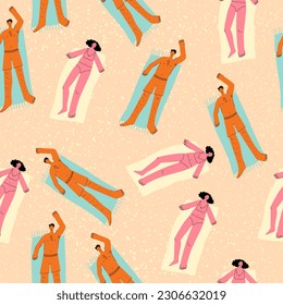 Seamless pattern with men and women relaxing at the beach. Top view beach background. Banner with people in swimsuit sunbathing. Modern characters lie on the sand. Vector illustration. Seaside resort