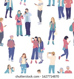 Seamless pattern with men and women using smartphones isolated on white. Girls and guys shoot on mobile, taking selfie, texting on phones. Backdrop with crowd of people vector flat illustration. 