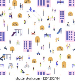 Seamless pattern with men and women walking with children or dogs, riding bicycles, sitting on bench in city suburbs. Backdrop with people performing outdoor activities on street. Vector illustration.