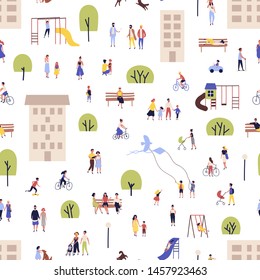 Seamless pattern with men and women walking, riding bikes, sitting on bench in city suburbs, outskirts. Backdrop with people performing outdoor activities on street. Flat cartoon vector illustration.