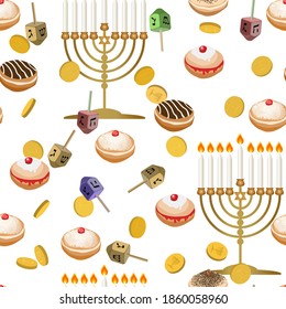 Seamless pattern with menorah, star of David, dreidels and gold coins. Traditional symbol of Israel isolated on white background. Hanukkah background.Template for banner, poster, web, textile. Vector