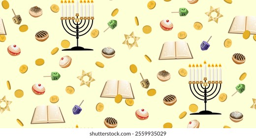 Seamless pattern with menorah, star of David, dreidels and gold coins. Traditional symbol of Israel isolated on white background. Hanukkah background.Template for banner, poster, web, textile. Vector