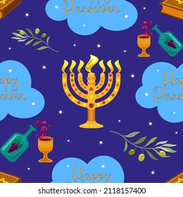 Seamless pattern with Menorah, Torah and festive wine for the holiday of Jewish Passover