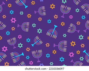 Seamless pattern with menorahs and stars of David. Menorah with nine Hanukkah candles, happy Hanukkah. Design for greeting card, banner and poster. Vector illustration