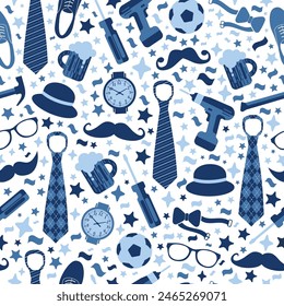 Seamless pattern with mens accessories in blue and white colors